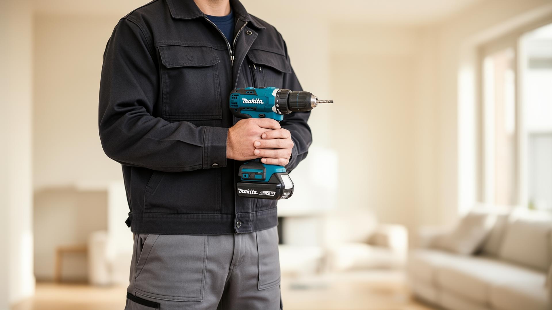 Craftsman in grey work trousers with a Makita drill on a renovation site in Luxembourg